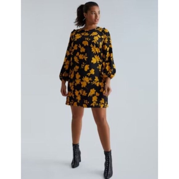 Eloquii Balloon Sleeve Floral Print Midi Dress Black Yellow Womens Plus 20 - Picture 2 of 9